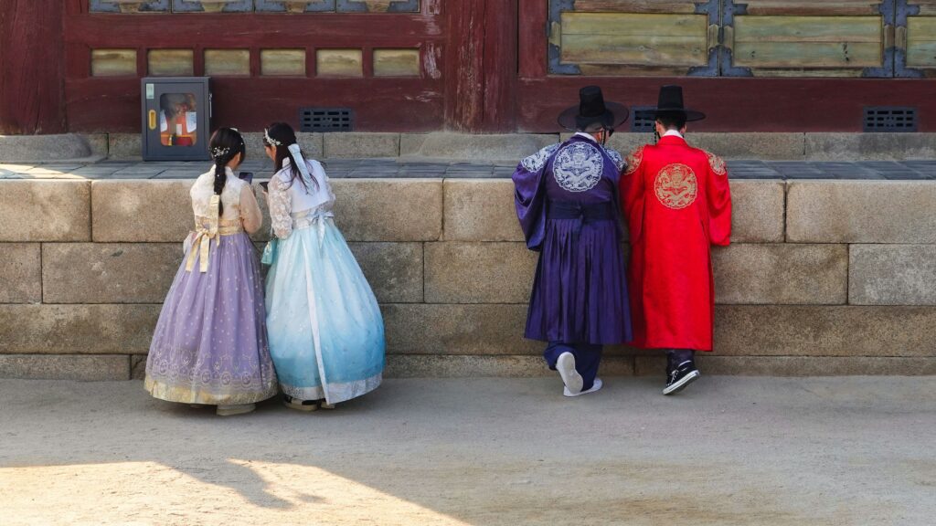 Visitors wearing hanbok at Gyeongbokgung Palace
