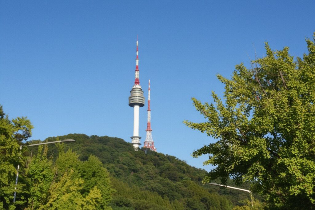 Tree-lined walking trail through Namsan Park in autumn