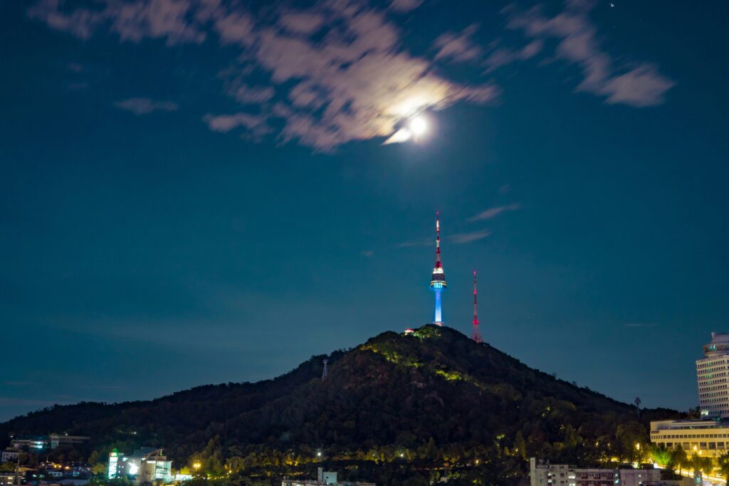 Seoul city lights at night viewed from Namsan Tower observation deck