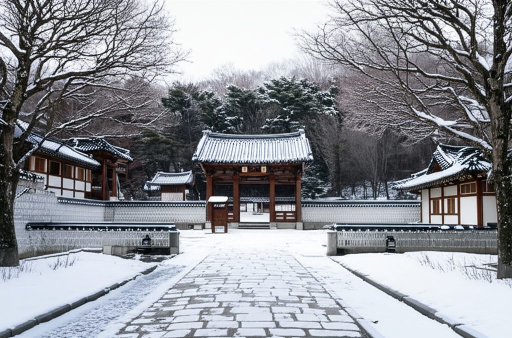 Snow-covered traditional palace in Seoul during winter