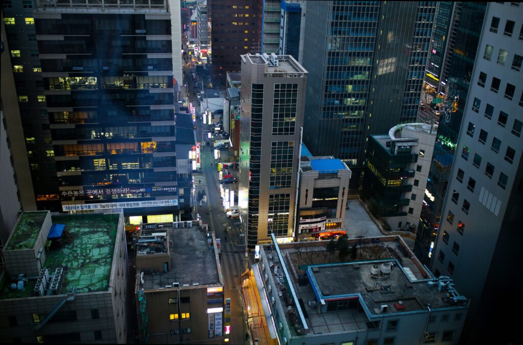 Gangnam district skyline with modern skyscrapers and neon lights in Seoul South Korea