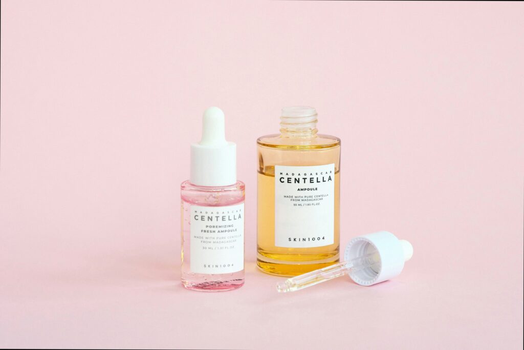 Popular Korean skincare products including serums and masks