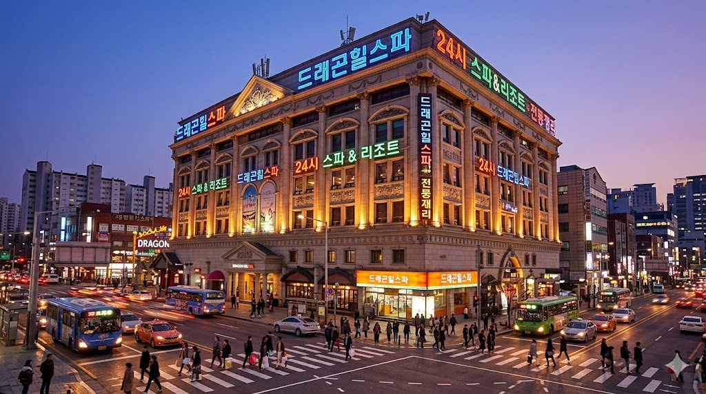 Exterior of Dragon Hill Spa in Yongsan Seoul at twilight with colorful neon signage