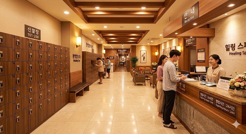 Warm and inviting entrance lobby of a modern Korean jjimjilbang spa in Seoul
