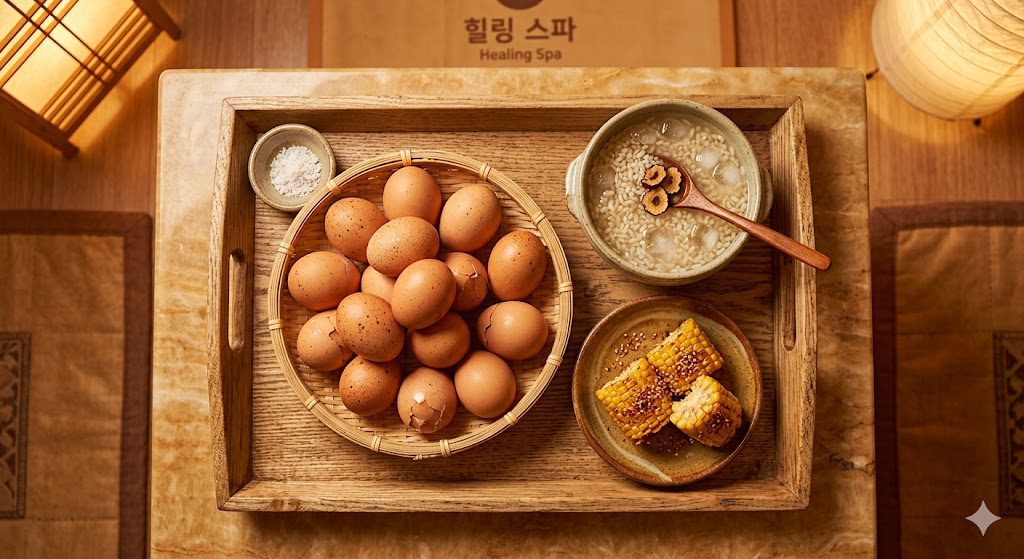 Classic Korean jjimjilbang snacks including baked eggs and sweet rice punch sikhye