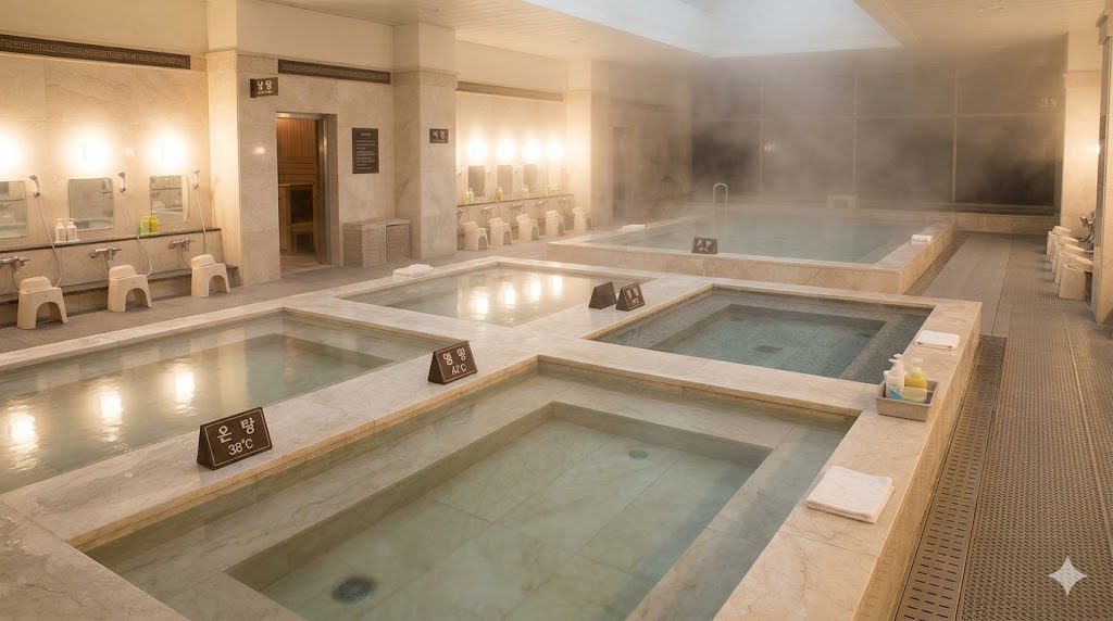 Indoor Korean bathhouse area with multiple hot pools and steam rising from the water