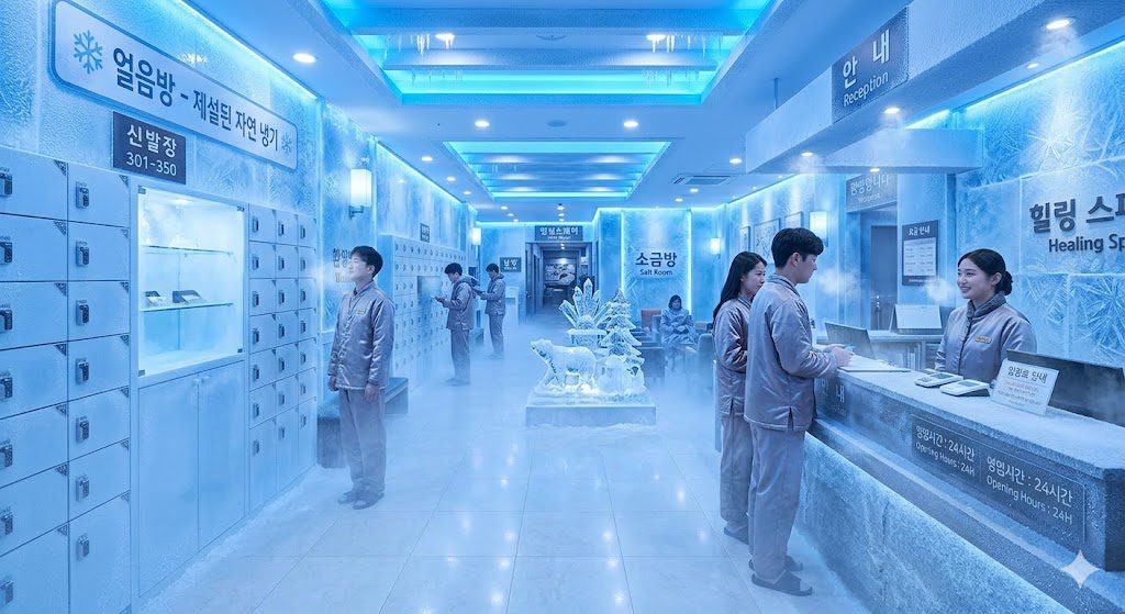 Korean spa ice room with frosty blue walls and cool blue LED lighting