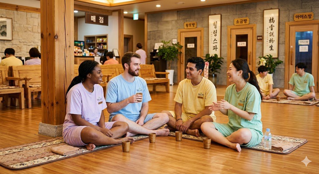 Group of visitors wearing matching pastel jjimjilbang uniforms sitting on heated ondol floor