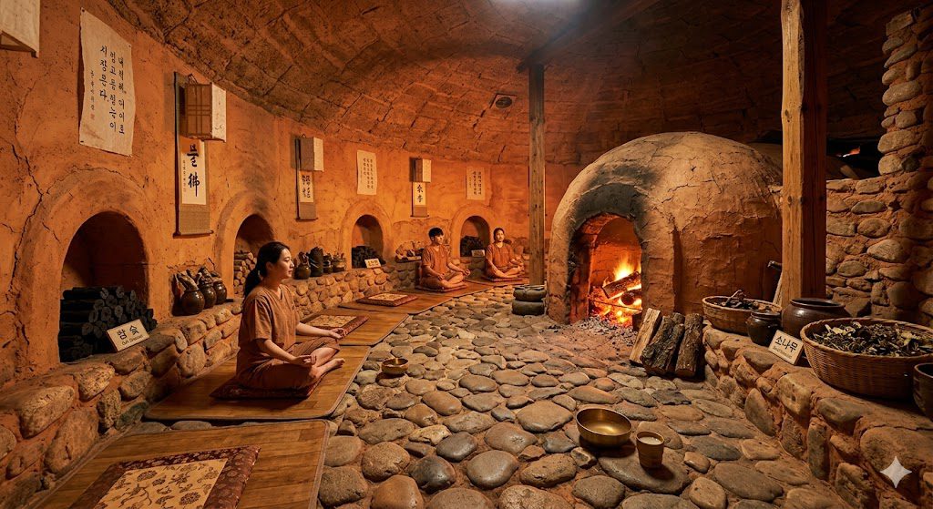Interior of a traditional Korean jjimjilbang charcoal kiln sauna room with warm amber lighting