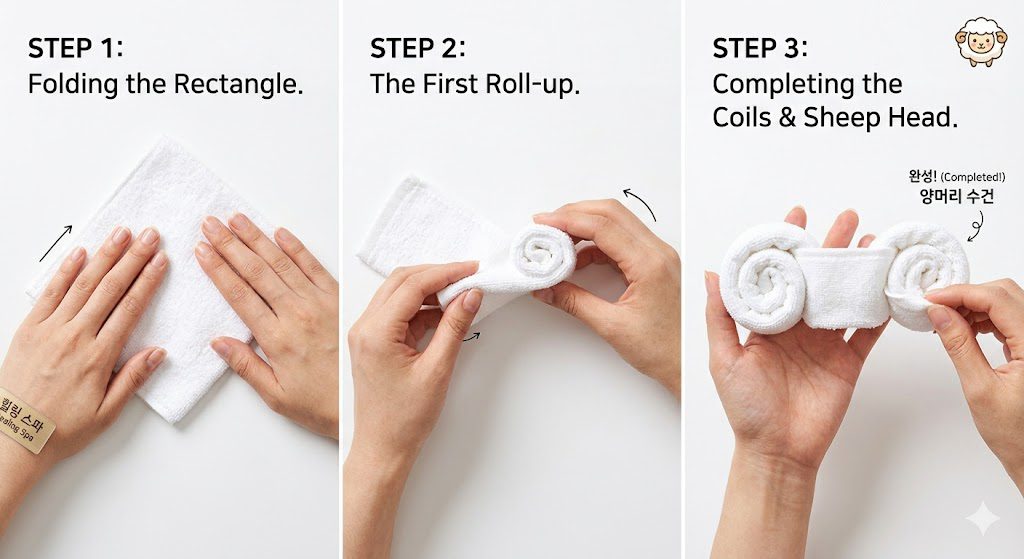 Hands folding a small white towel into the iconic Korean spa sheep-head shape