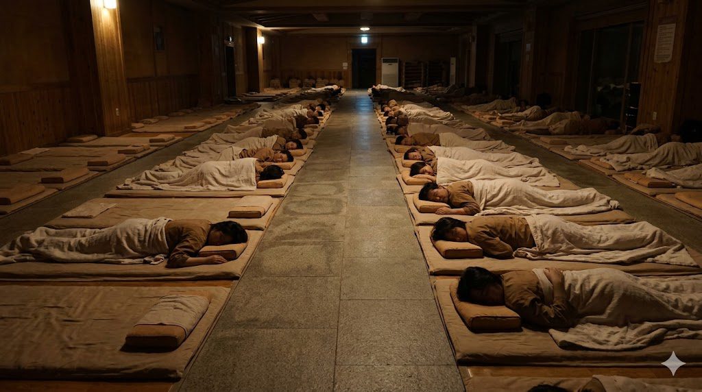Quiet sleeping area inside a Korean jjimjilbang with rows of sleeping mats on warm ondol floor