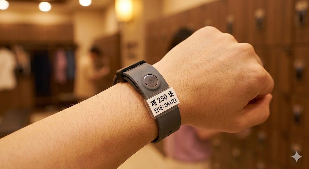 Close-up of a Korean jjimjilbang electronic wristband locker key