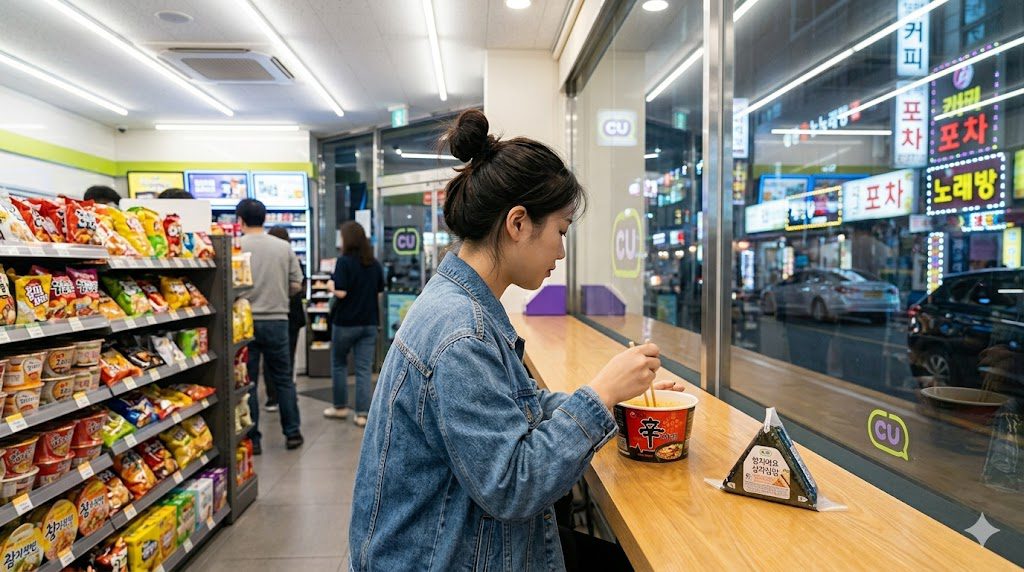 Person eating triangle kimbap and ramyeon at a Korean convenience store window counter