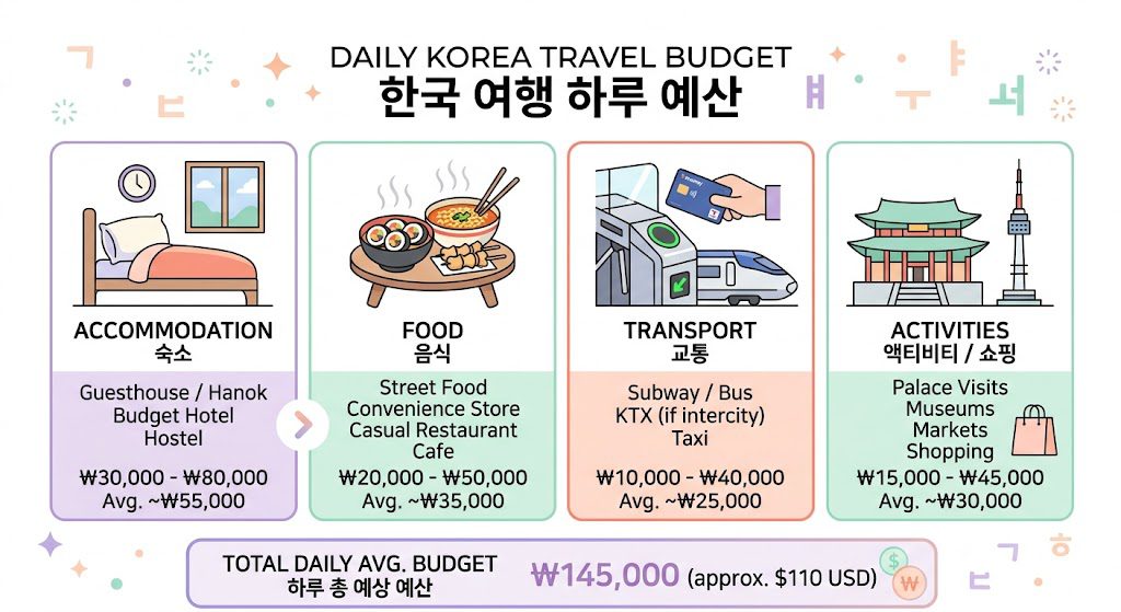 Clean modern infographic showing daily budget breakdown for Korea travel