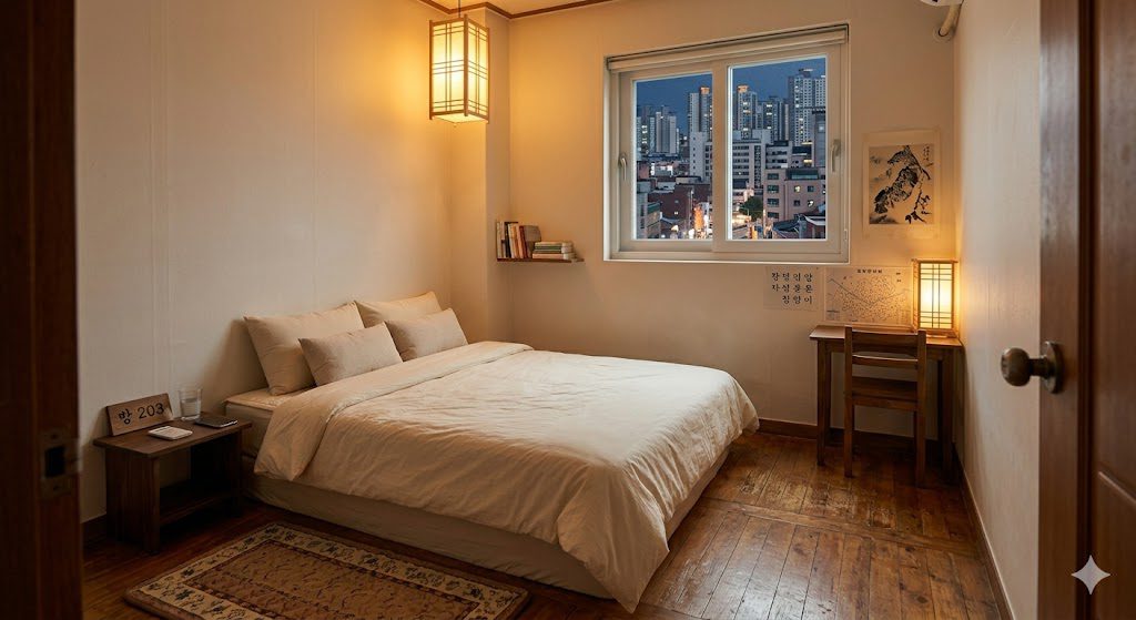 Cozy clean Korean guesthouse room with simple bed and warm lighting