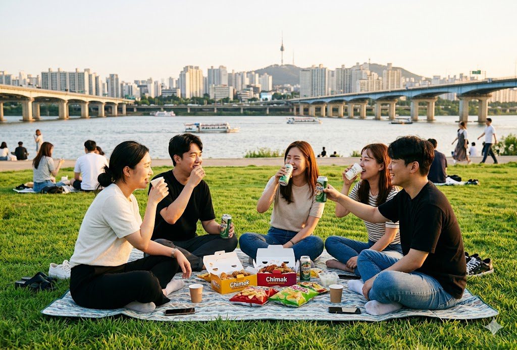 Friends having a picnic on the Han River grass with Seoul skyline at golden hour
