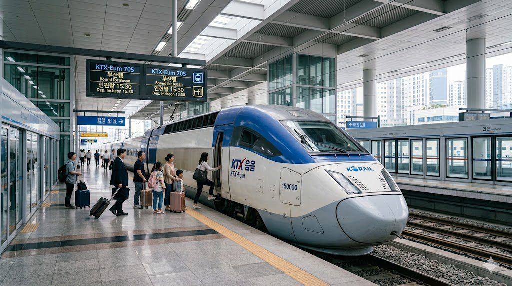 Sleek white and blue KTX high-speed train at a modern Korean station platform