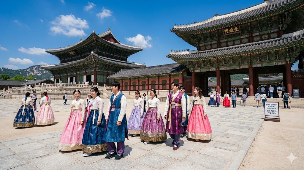 Tourists wearing colorful hanbok walking through Gyeongbokgung Palace courtyard