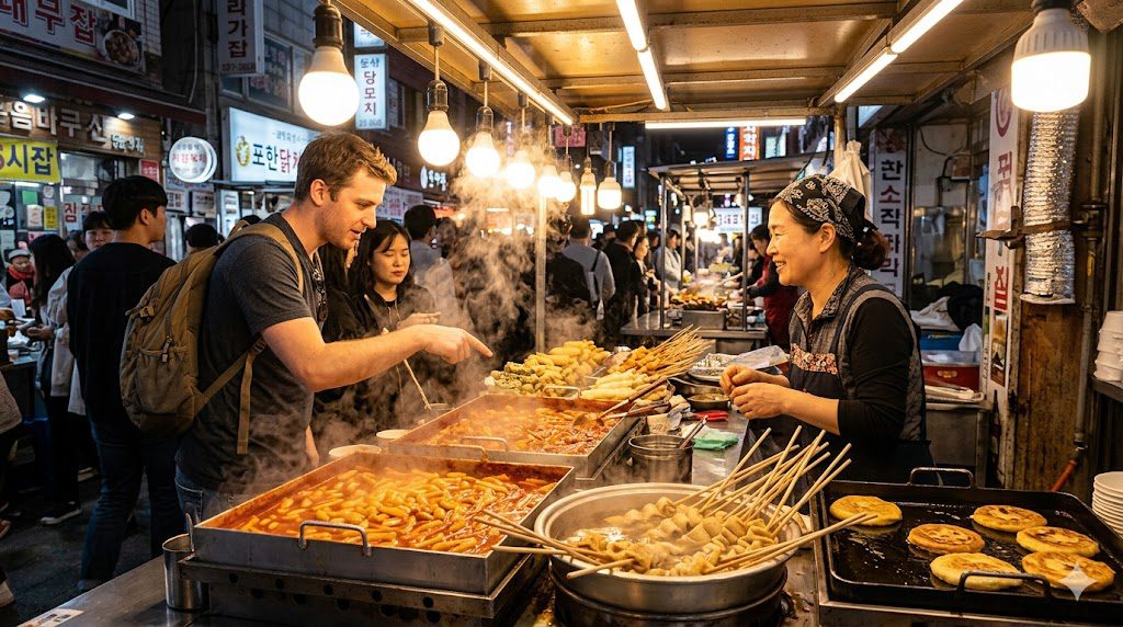 Vibrant Korean street food stall at night with tteokbokki and odeng on display
