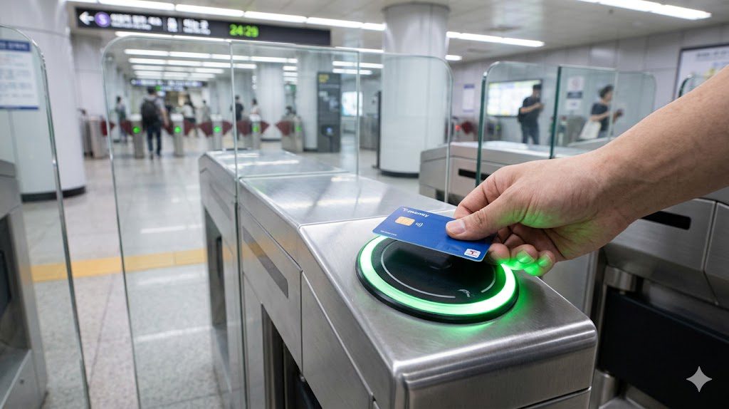Hand tapping a T-money transit card on a Seoul subway turnstile reader