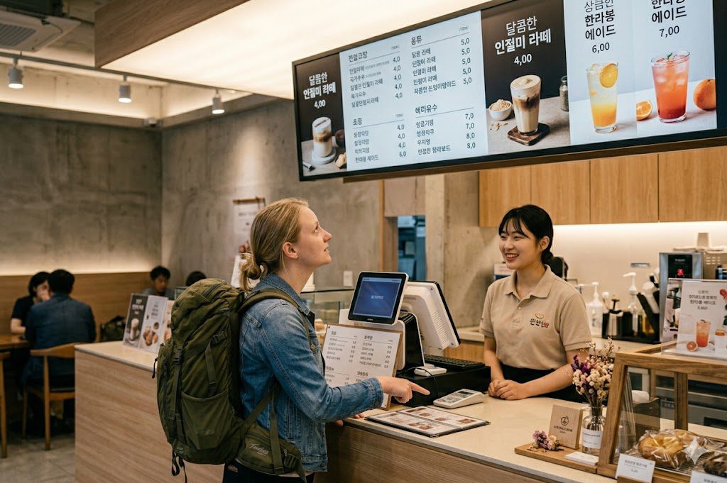 Tourist ordering at a trendy Korean cafe counter with Korean menu board