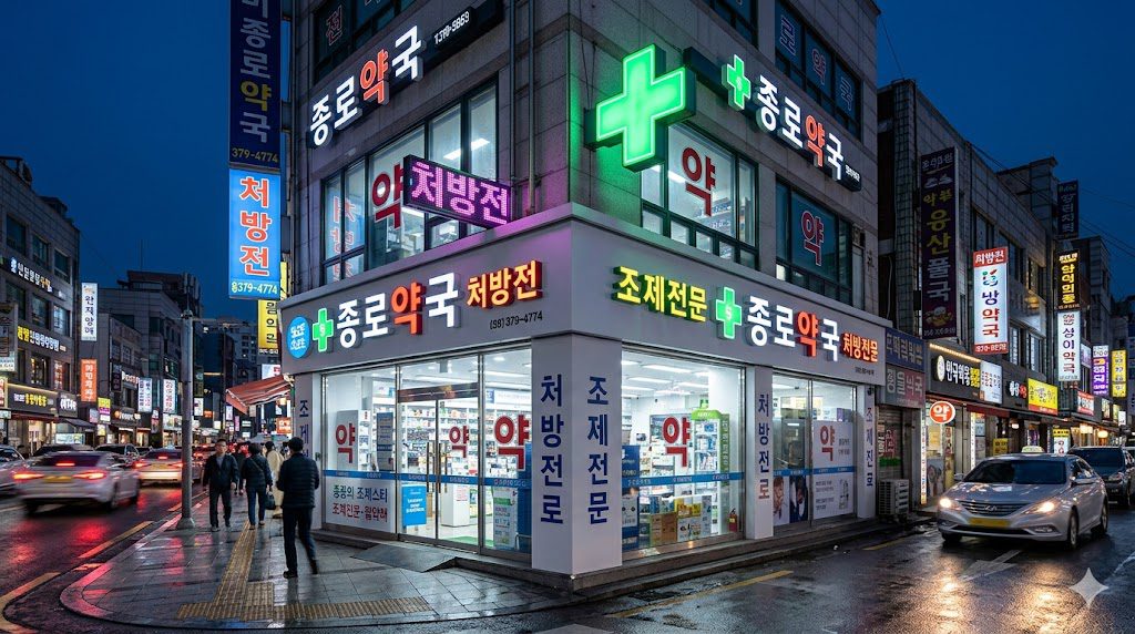 Korean pharmacy with green cross sign glowing at night on Seoul street