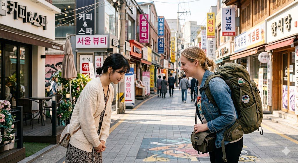 Two people bowing as a Korean greeting on a bright Seoul street