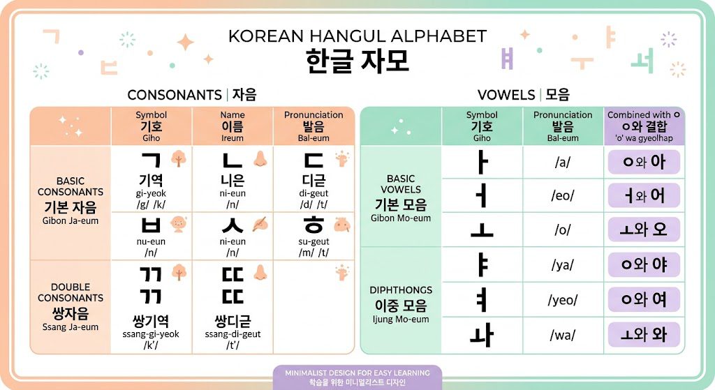 Clean modern infographic chart showing the Korean Hangul alphabet