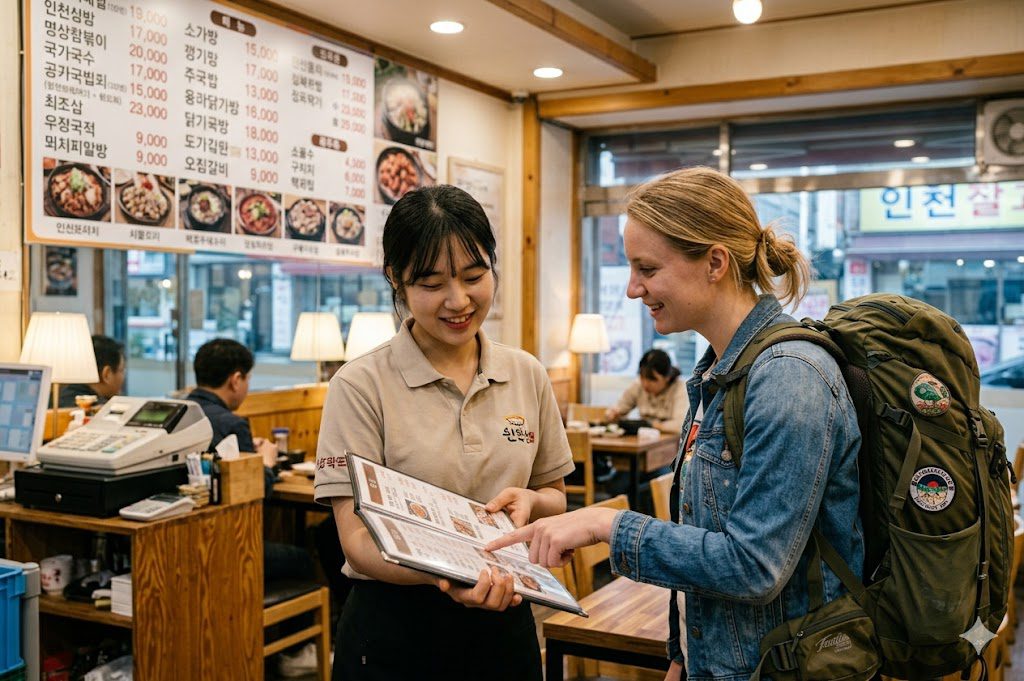 Tourist pointing at a Korean restaurant menu while talking to a server