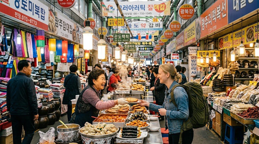 Lively Korean traditional market with vendors and colorful goods