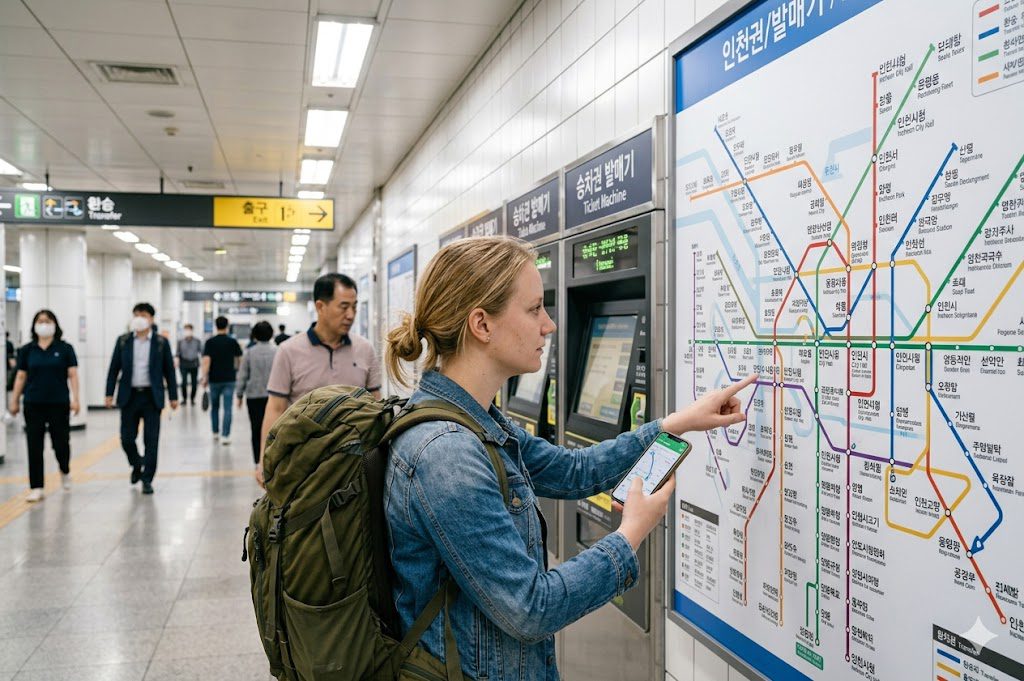Tourist looking at Seoul subway map in a metro station