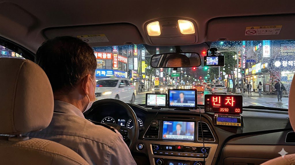 Inside a Korean taxi with Seoul city streets visible through windshield