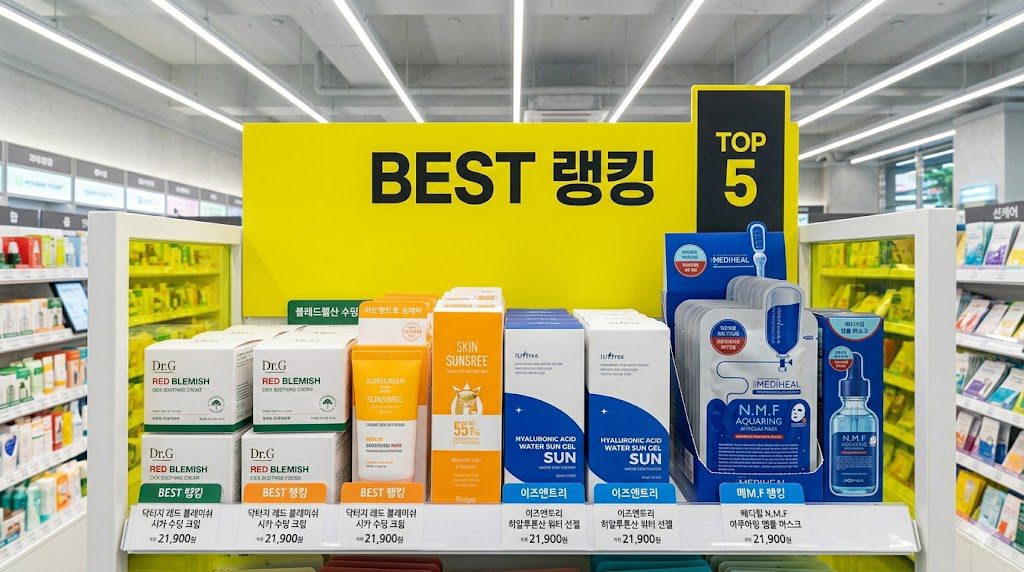 Olive Young bestseller display shelf with yellow BEST ranking sign
