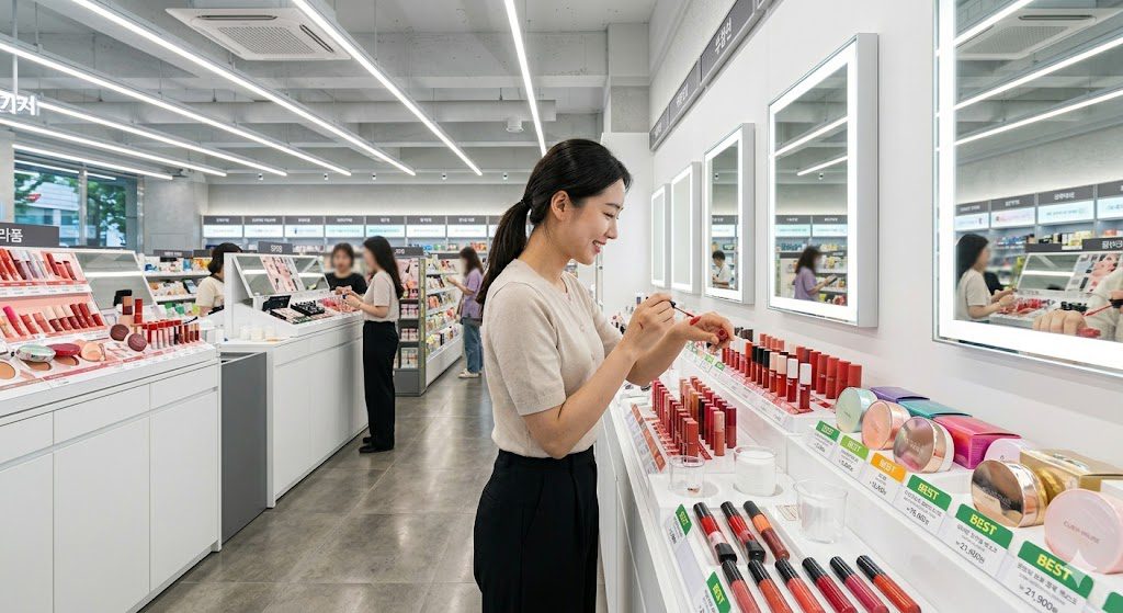 Makeup section inside Olive Young with testers on counters and lip tints visible