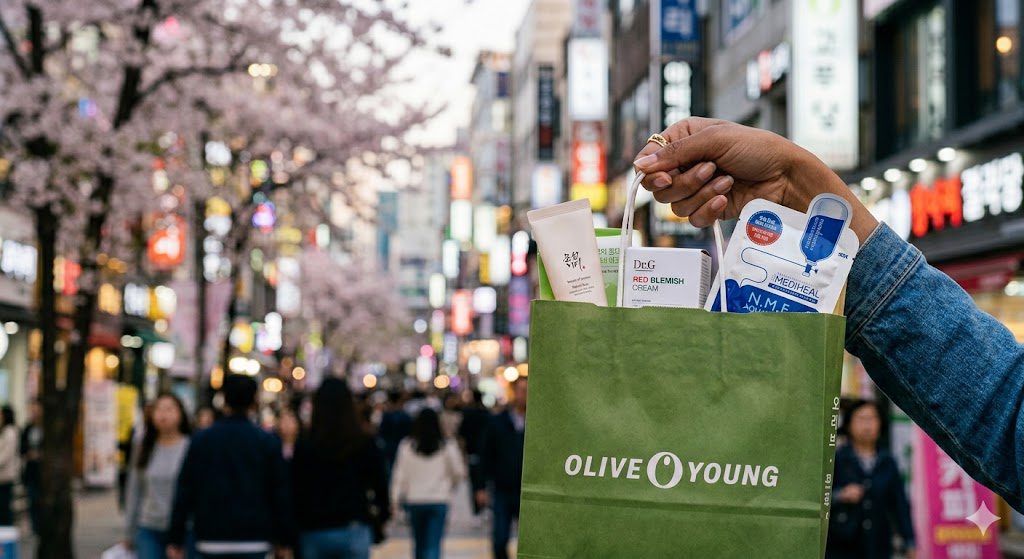 Hand holding green Olive Young shopping bag filled with beauty products on Seoul street
