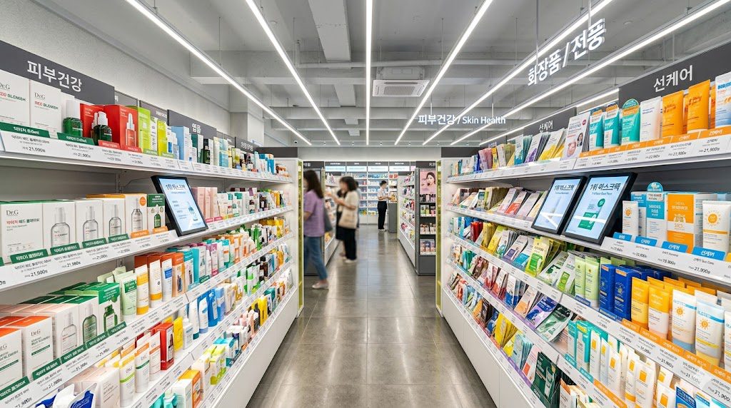 Inside an Olive Young store with a long aisle of Korean skincare products on white shelves
