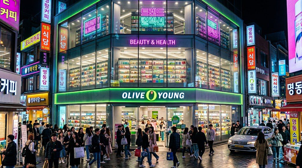 Bright colorful exterior of an Olive Young store in Myeongdong Seoul at night