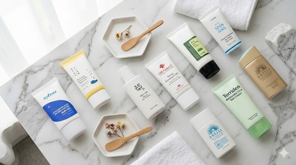Collection of popular Korean sunscreens arranged neatly on a marble surface