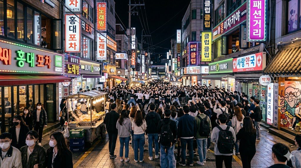 Bustling Hongdae street at night in Seoul with neon signs and young people