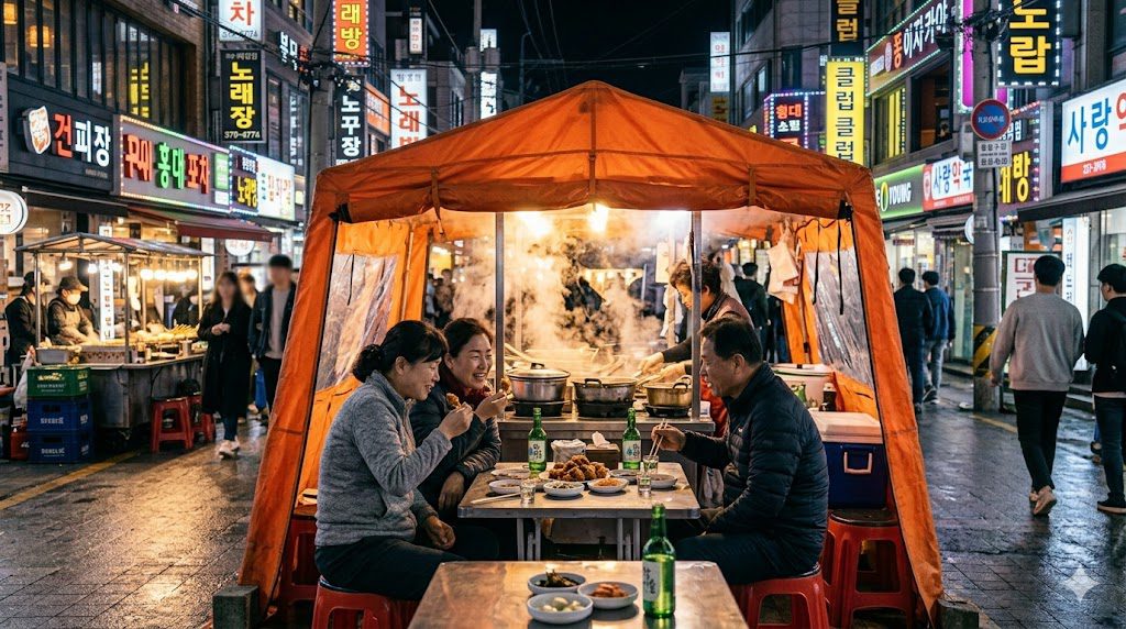 Traditional Korean pojangmacha orange tent bar on a Seoul street at night