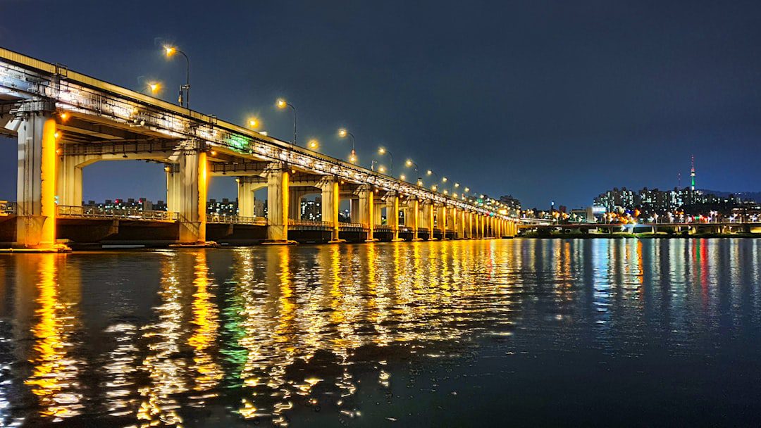 body of water near building during night time