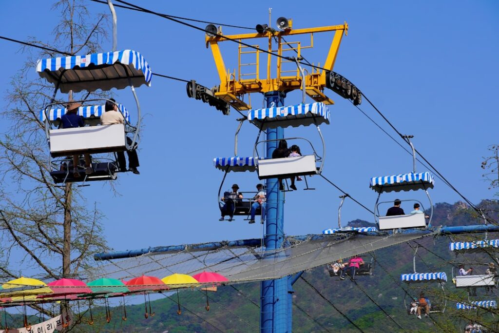 a group of people riding a ski lift